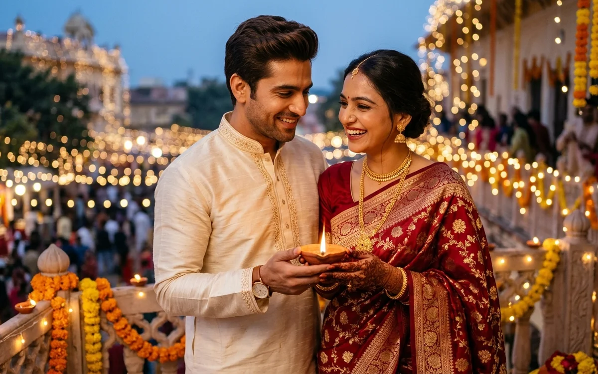 Festive photo of an Indian couple celebrating Diwali in traditional silk outfits with glowing diyas