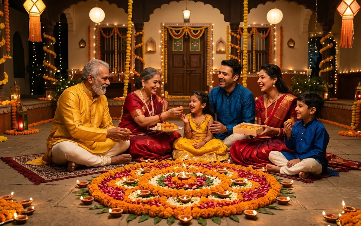 Photorealistic Indian family celebrating Diwali around a glowing rangoli with clay diyas
