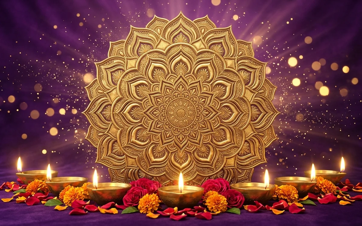 Photorealistic luxury Happy Diwali greeting background with 3D gold mandala and glowing oil lamps