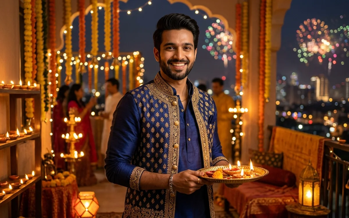 Photorealistic portrait of a man in traditional Diwali silk kurta with Nehru jacket and diya lighting