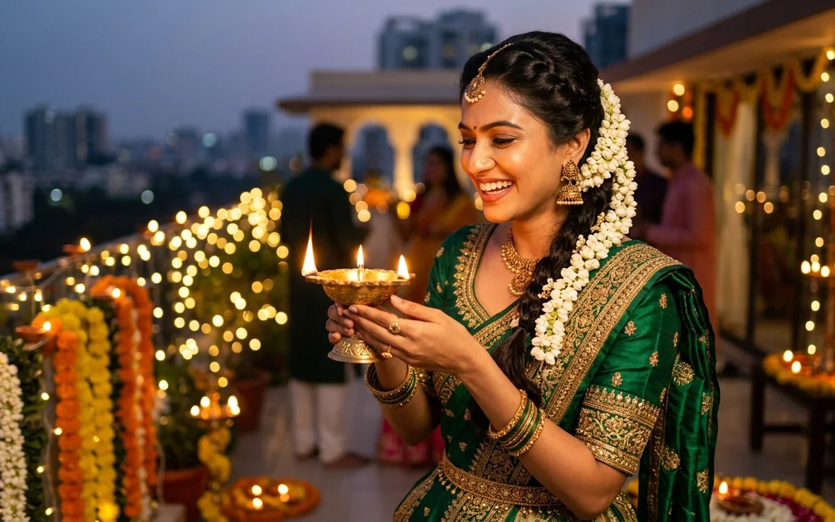 Photorealistic portrait of a woman in festive Diwali lehenga holding a brass diya