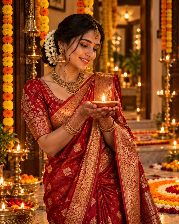 Sample Image: Banarasi Silk Saree & Traditional Gold Jhumkas (ChatGPT)