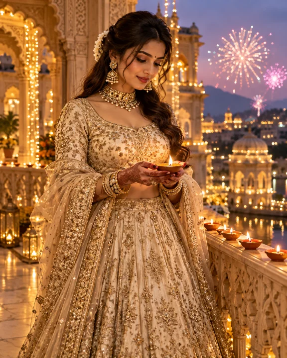 Sample Image: Royal Cream & Gold Embroidered Lehenga with Glowing Diya
