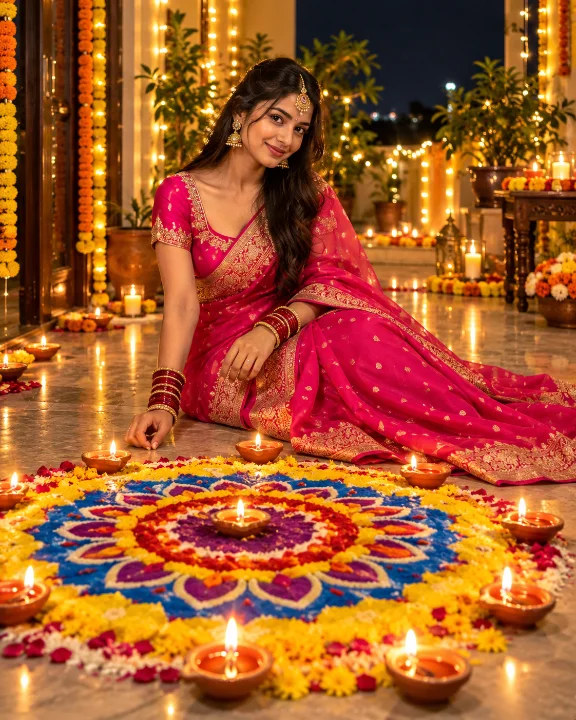 Sample Image: Diwali Glamour – Pink Silk Saree & Floral Rangoli Courtyard Portrait
