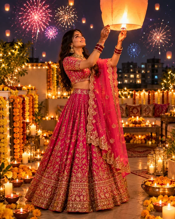 Sample Image: Royal Pink Silk Lehenga with Ascending Sky Lantern