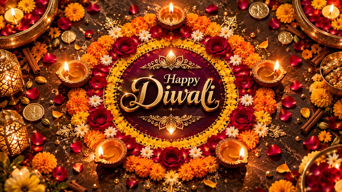 Sample Image: Floral Rangoli & Brass Diya Happy Diwali Greeting Card