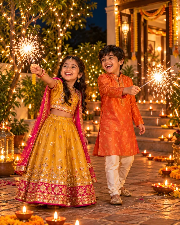 Sample Image: Sibling Diwali Celebration with Sparklers (Phuljhadi)