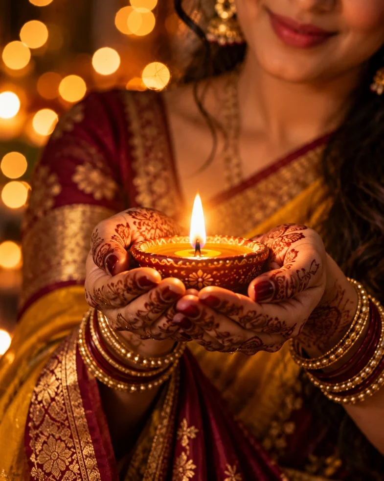 Sample Image: Traditional Diya Holding Close-Up with Henna