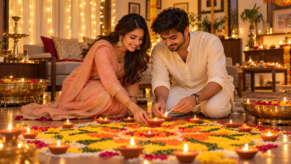 Sample Image: Warm Home Celebration with Fairy Lights & Rangoli
