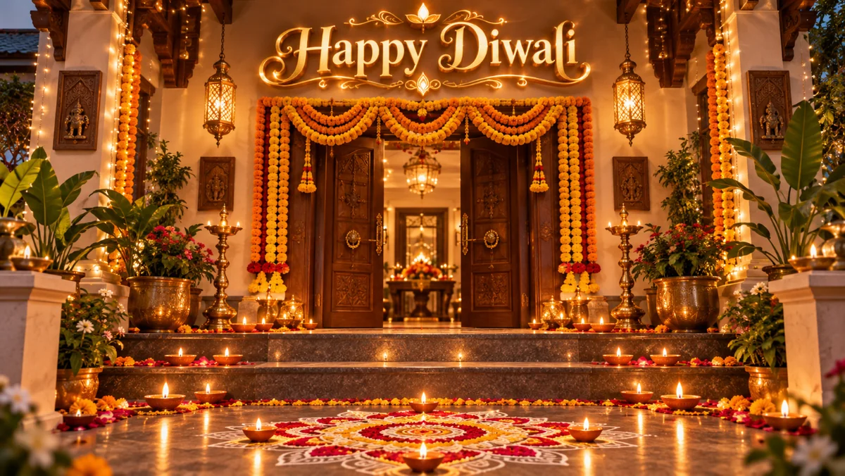 Sample Image: Warm Home Entrance Decor with Marigold Torans & Oil Lamps
