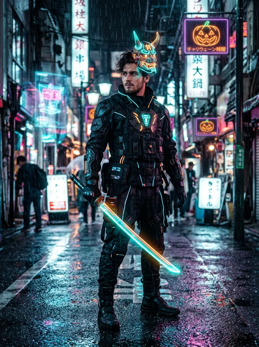 Gemini Reference: Cyberpunk Neon Oni Samurai Street Portrait