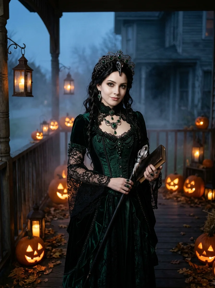 Photorealistic portrait of a woman dressed as a gothic Victorian witch with carved jack-o-lanterns